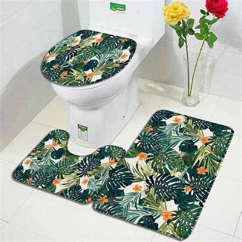 Palm Leaves Bath Mat Set Watercolour Tropical Plants Leaf Pattern Home