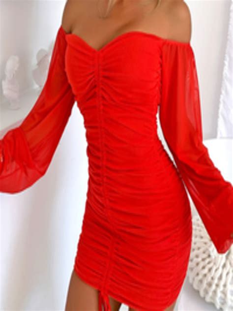 Buy Urbanic Red Off Shoulder Ruched Bodycon Mini Dress Dresses For