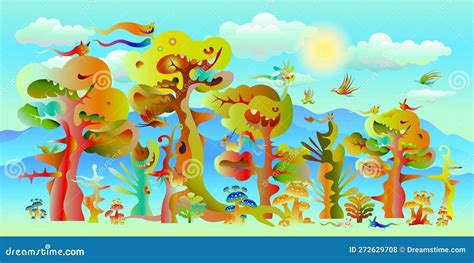 Imagination Wild Animal Fantasy Smiling Trees Abstract Wallpaper