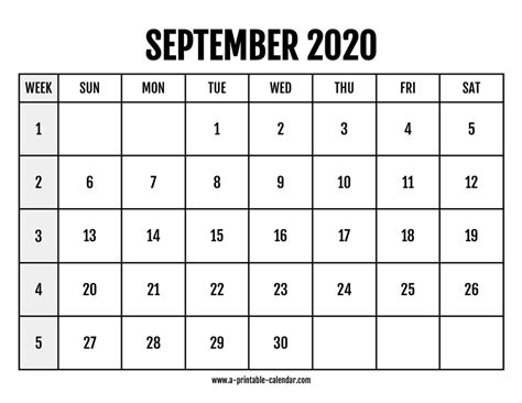Calendar 2020 September A Printable Calendar