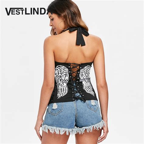 Vestlinda Halter Top Wing Graphic Lace Up Open Back Summer Tops For Women 2018 Streetwear Black