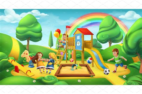Cartoon Kids Playing On Playground