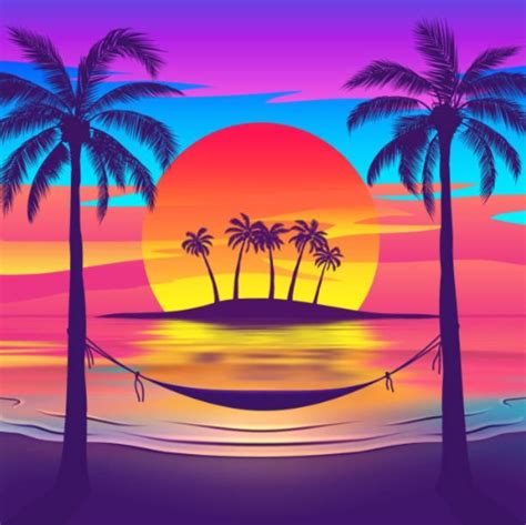 Tropical Beach At Sunset With Island Sunset Canvas Painting Beach Illustration Surf Painting