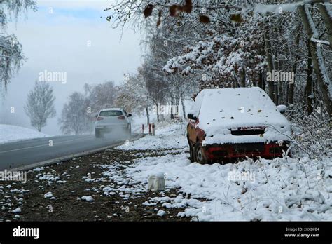 Abandoned car standing by the road. Maybe after the traffic accident or
