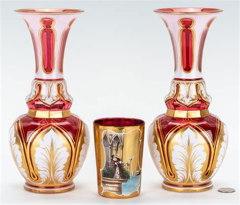 Lot 861 3 Bohemian Glass Items Vases And Tumbler Case Auctions