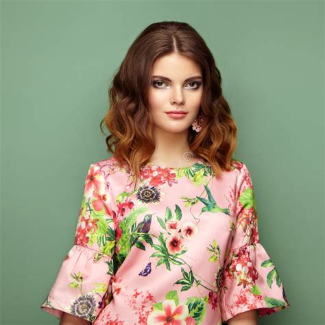 Brunette Young Woman In Floral Spring Summer Dress Stock Image Image