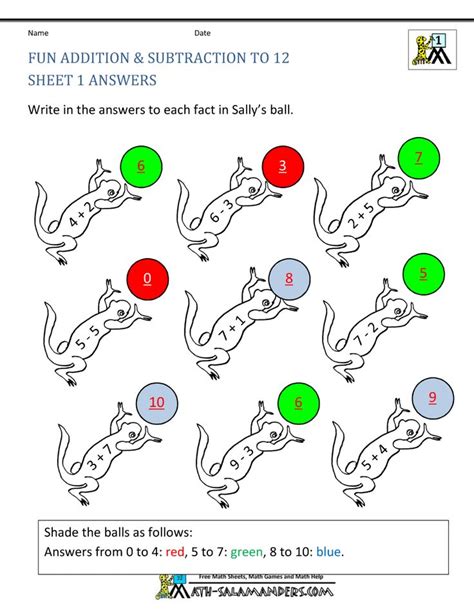 Salamander Addition Subtraction To 12 Answers Kids Math Worksheets