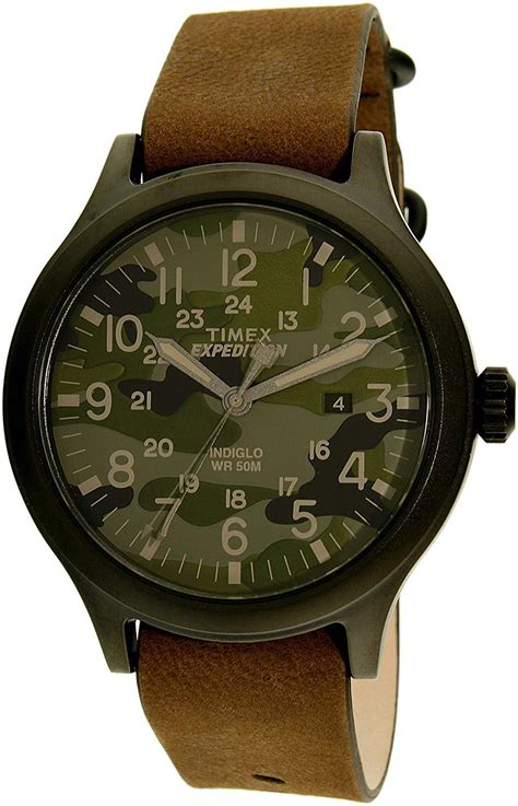 Timex Mens Expedition Scout 43 Green Camo Dial Watch Brown Leather