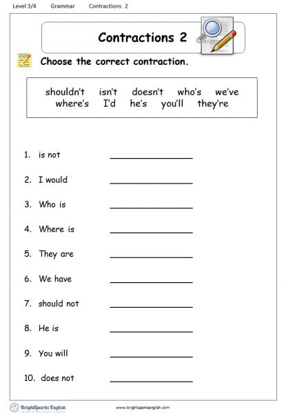 Contractions Worksheet 2 English Treasure Trove