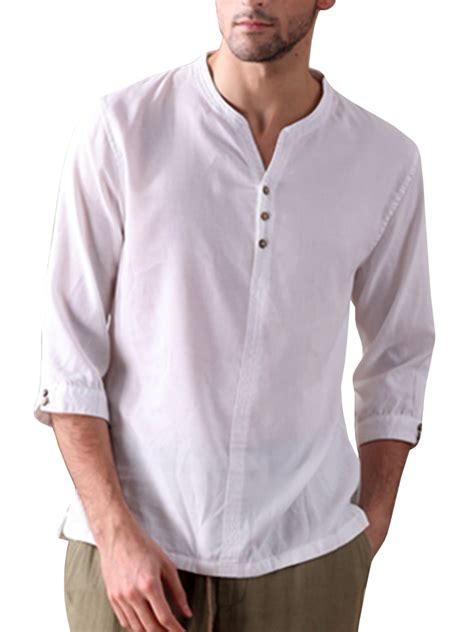 Sysea Mens Linen Henley T Shirt Sleeve Button Up V Neck Beach