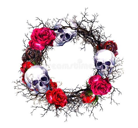 Wreath Skulls Red Roses Branches Watercolor Halloween Grunge