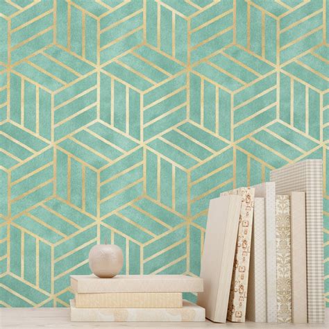 Gold Geometry Hexagon Peel And Stick Wallpaper Green Etsy Australia