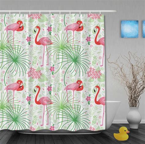 Lovely Animals Shower Curtain Pink Flamingos Flowers Bathroom Curtain
