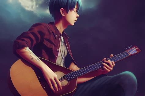 Premium Photo Anime Boy Playing The Guitar 3d Rendering Raster