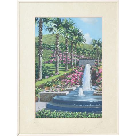 Fine Pastel Painting Palm Trees Fountain Blossoms Rae