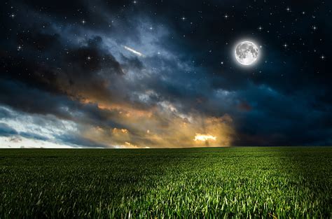 Hd Wallpaper Green Grass Field And Full Moon Greens The Sky Clouds