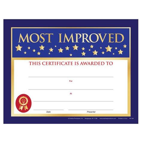 Most Improved Gold Foil Stamped Certificate Pack Of 25 Positive