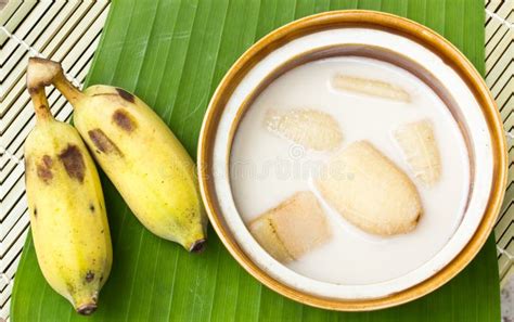 Banana In Coconut Milk And Banana On Banana Leaves Stock Image Image