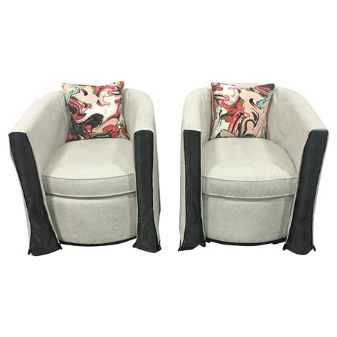 Neutral Fabric Swivel Chairs - A Pair | Chairish