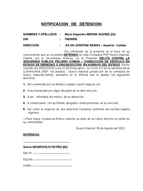 Notificacion De Detencion Pdf