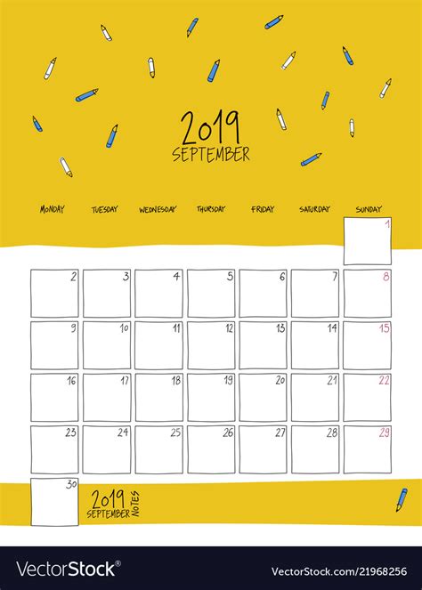 September 2019 Wall Calendar Doodle Style Vector Image