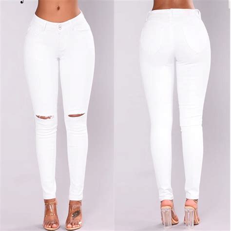 2018 White Ripped Jeans For Women New Stretchy Blue Ripped Jeans Woman