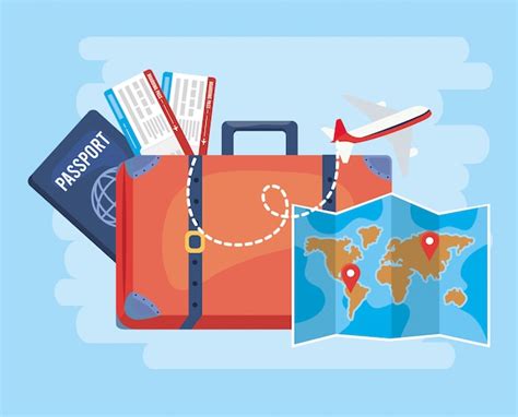 Equipaje De Viaje Con Mapa Global Y Pasaporte Vector Premium
