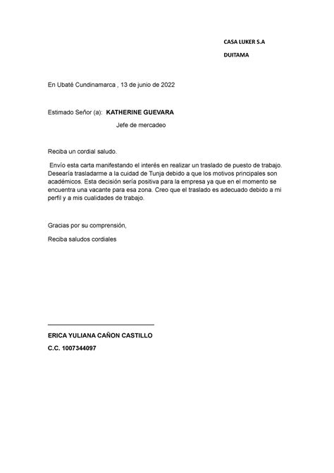 Modelo Carta De Traslado De Puesto De Trabajo Modelo