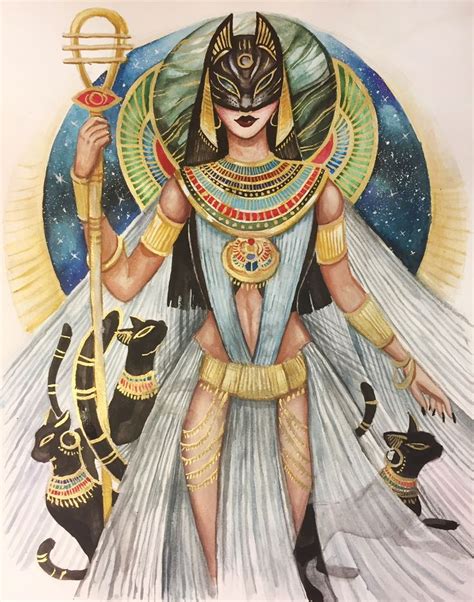 Watercolor Bastet And Her Cats Egyptian Goddess Art Bastet Goddess