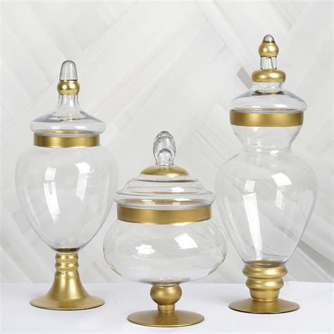Set Of 3 Gold Trimmed Glass Apothecary Candy Jars With Lids 10 14 16 Tableclothsfactory
