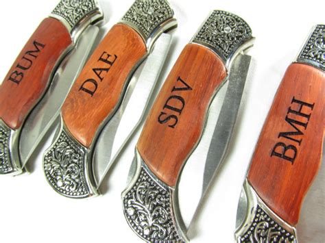 Set Of 6 Personalized Engraved Rosewood Handle Pocket Hunting Knife