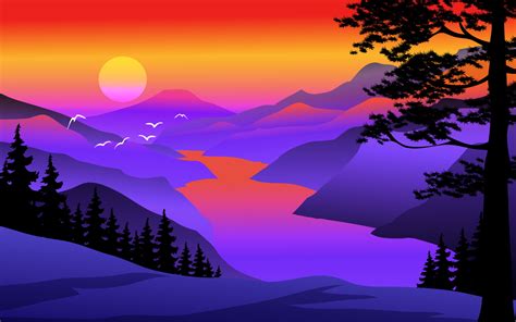 Mountain Sunset Panorama With River And Trees In Silhouette 9169461