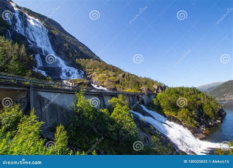 Summer Mountain Langfossen Waterfall On Slope Etne Norway Stock Image