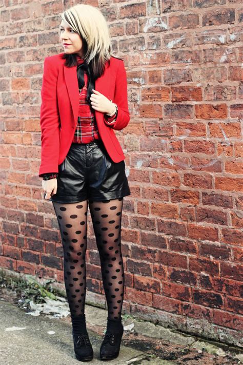 Black Pantyhose With Opaque Circles Black Leather Shorts And Red
