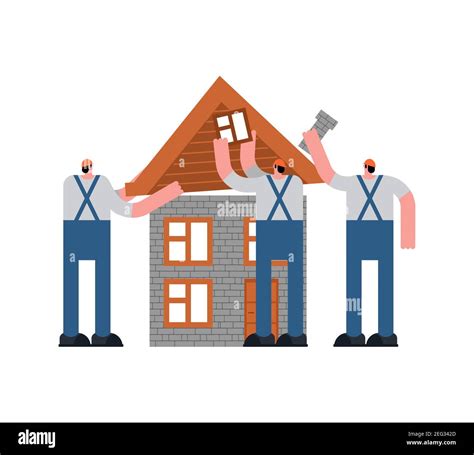 Builders Building House Cartoon Illustration For Developers Stock