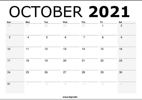 Oct 2021 Calendar Printable Printable Calendar 2023