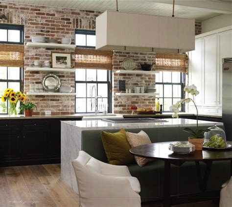 The raw exposed brick contrasts with the beautifully made cabinetry to create a warm look to this kitchen, a perfect place to entertain family and friends. Rectangular Shade Pendant - Cottage - kitchen - Bella Casa ...