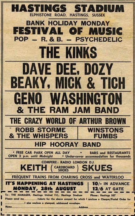 The Kinks And The Crazy World Of Arthur Brown Appeared At The Hastings Stadium Festival Of
