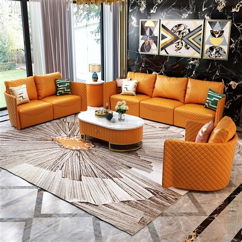Modern 3 Piece Set Orange Faux Leather Sofa Set With Solid Wood Frame