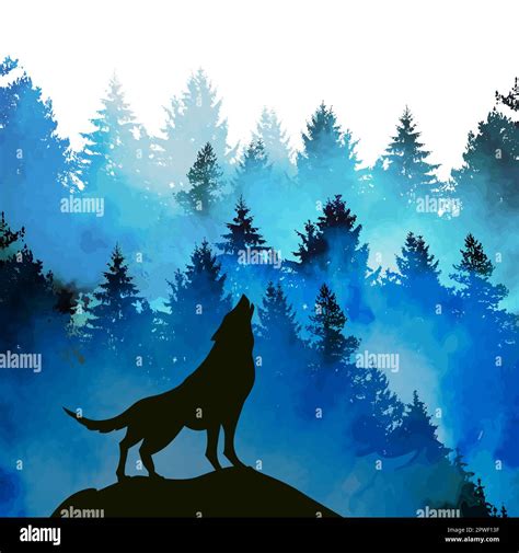 Wolf Silhouette Watercolor Mixed Media Wolf Howls In A Blue Forest