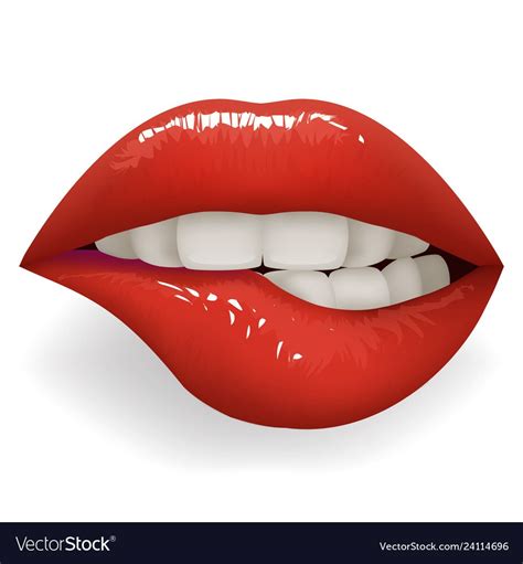 Teeth Biting Red Glossy Lips Female Mouth Stylish Women Lipstick Fashion Cosmetics Isolated