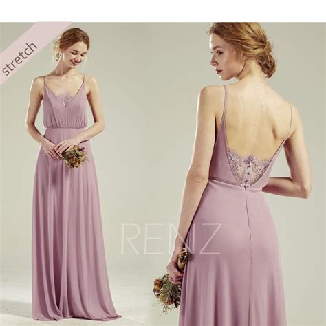 Mauve Bridesmaid Dress Long Boho Wedding Dress Stretch Chiffon V Neck