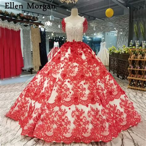 Beautiful Puffy Wedding Dresses With Red Lace 3d Flowers For Beauty Girls Lace Up Real Photos