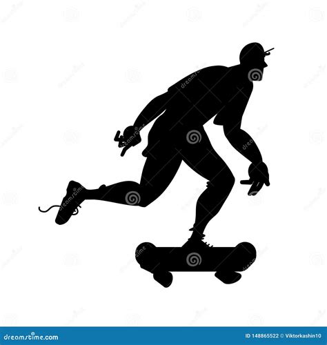 Silhouette Of Skateboarder Guy On Skateboard Vector Black And White