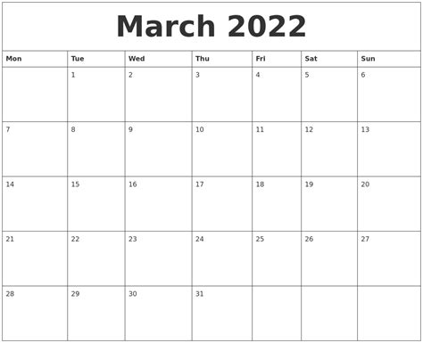 March 2022 Calendar Printable Free