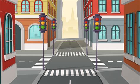 Vector City Crossroads With Traffic Lights Intersection Stock