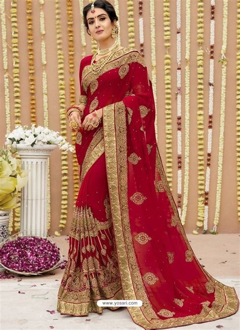 Dashing Red Georgette Bridal Sari Saree Wedding Bridal Saree Saree