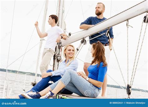 Group Of Happy Friends Traveling On A Yacht Stock Image Image Of