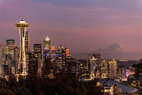 Sunset Over The Skyline Of The City Of Seattle With The Space Needle