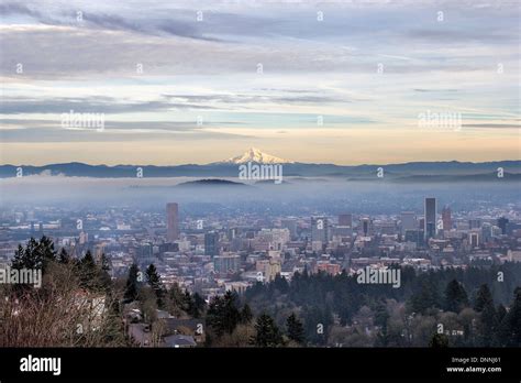 Portland Oregon Downtown Foggy Cityscape Skyline With Mount Hood At